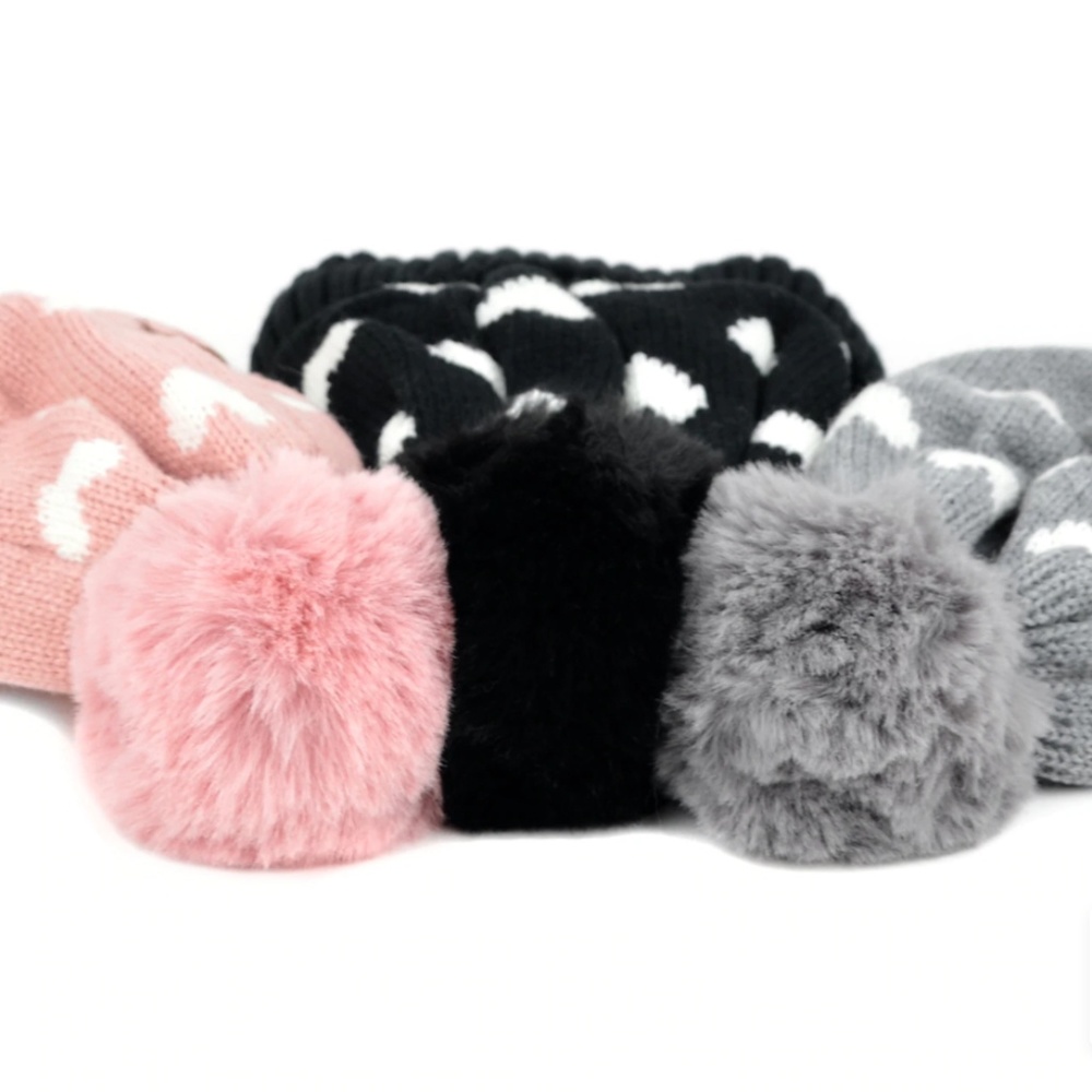 Women's Hearts and Pom Pom Knit Winter Hat - Picture 6 of 7